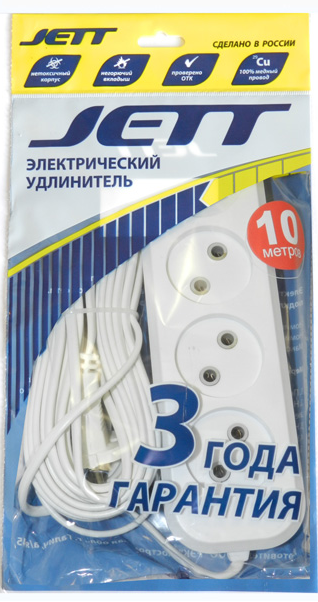 Удлинитель 10м./4роз./ 6А Jett ШВВП белый (35)