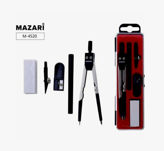 Готовальня Mazari 5пр. Mazari (цирк.120мм, точилка, ластик, нас. на рейсфедер, держ.)